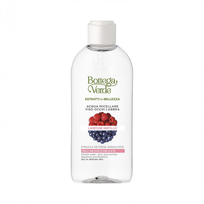 Estratti di bellezza - Micellás víz - arc, szem és ajkak - málna és áfonya - eltávolítja a sminket, tisztít és puhít - száraz vagy érzékeny bőrre (200 ml)
