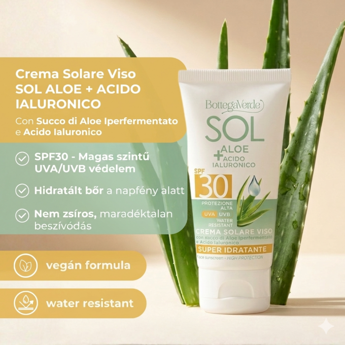 SOL Aloe hyaluronsav - Fényvédőkrém arcra - Magas védelem SPF30 - vízálló