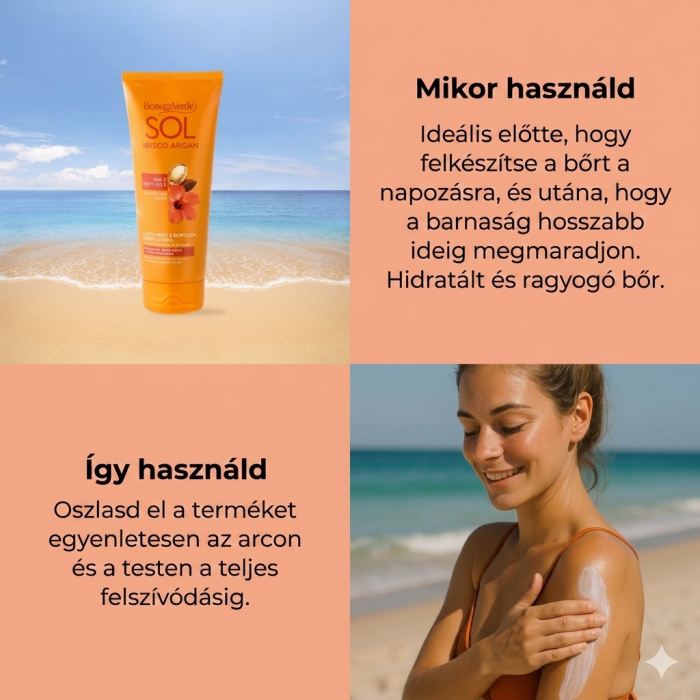 SOL Ibisco Argan - Napozás előtti és utáni arc- és testápoló - előkészíti és meghosszabbítja a barnaságot - Hibiszkusz olajjal és Argánolajjal - Nem tartalmaz fényszűrőt