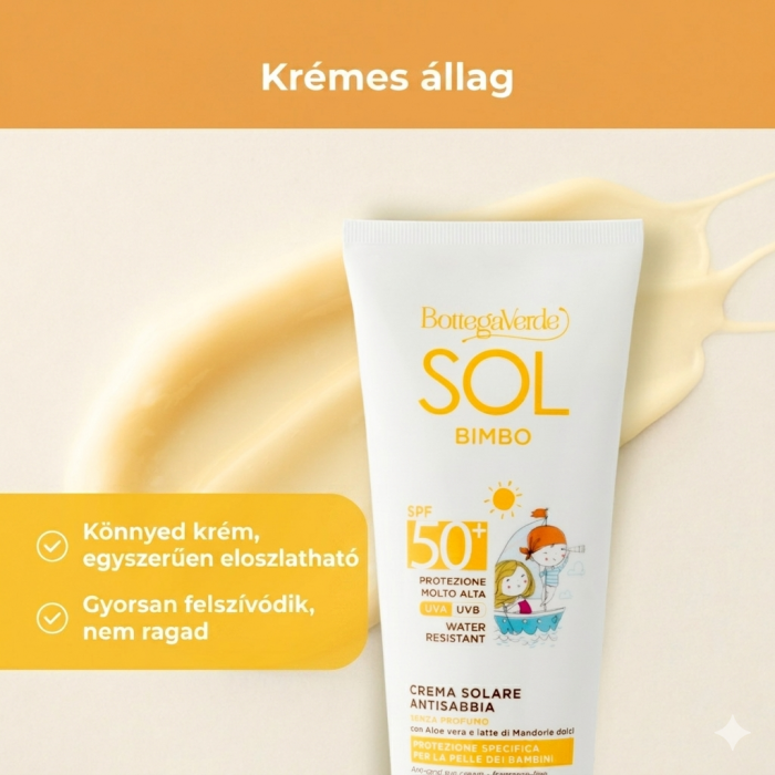 SOL kids - Naptej - homokálló - Aloe verával és édes mandulatejjel - nagyon magas védelem SPF50+ - kifejezetten gyermekek számára készült védelem
