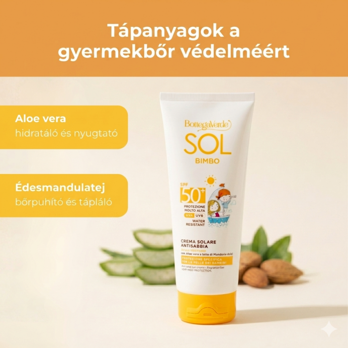 SOL kids - Naptej - homokálló - Aloe verával és édes mandulatejjel - nagyon magas védelem SPF50+ - kifejezetten gyermekek számára készült védelem