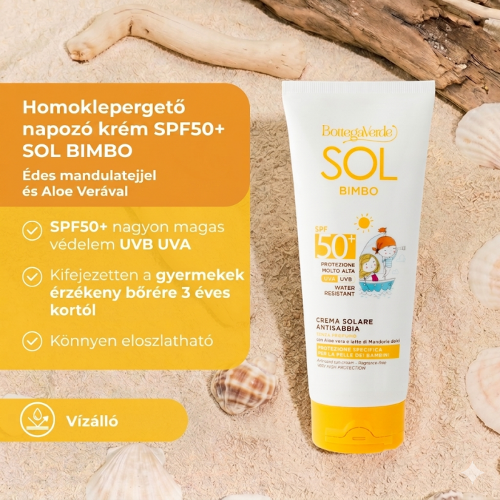 SOL kids - Naptej - homokálló - Aloe verával és édes mandulatejjel - nagyon magas védelem SPF50+ - kifejezetten gyermekek számára készült védelem